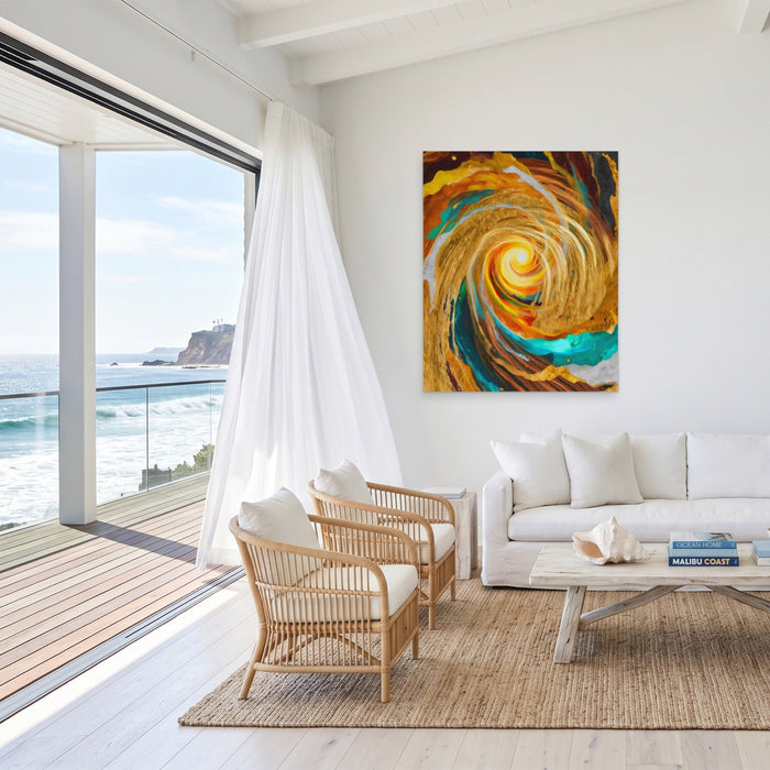 Golden Storm Spiral canvas wall art, room view