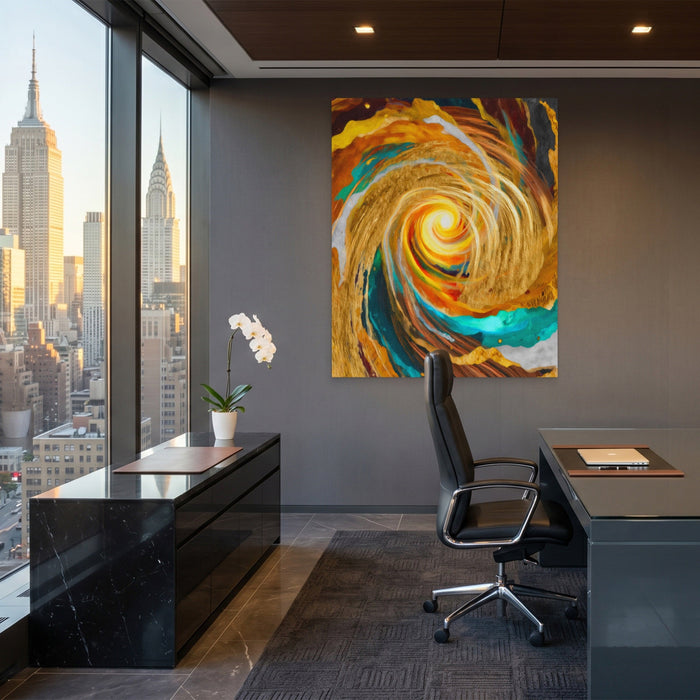 Golden Storm Spiral canvas wall art, room view