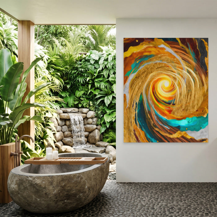 Golden Storm Spiral canvas wall art, room view