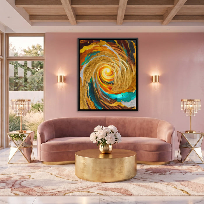 Golden Storm Spiral canvas wall art, room view