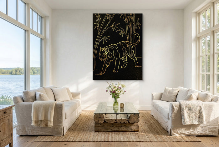 Golden Tiger Stroll — golden tiger stroll living room with couches 1port flush print