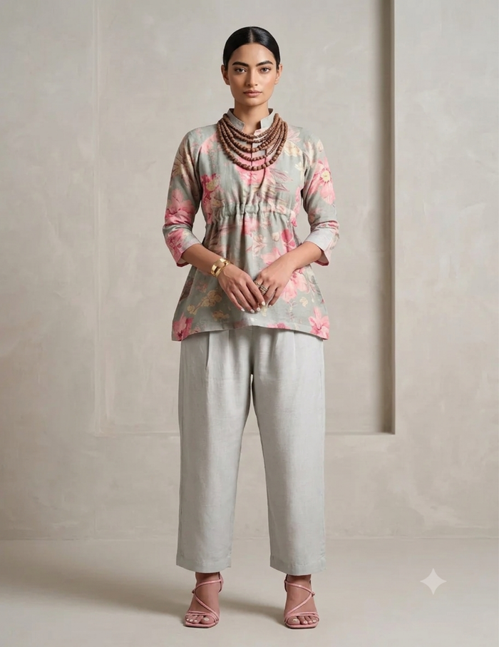Green Dust Light Petals Linen Blend Co-ord Set