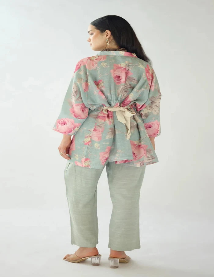 Green Dust Light Petals Linen Blend Co-ord Set
