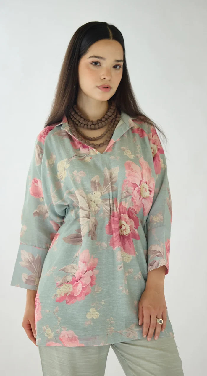 Green Dust Light Petals Linen Blend Co-ord Set