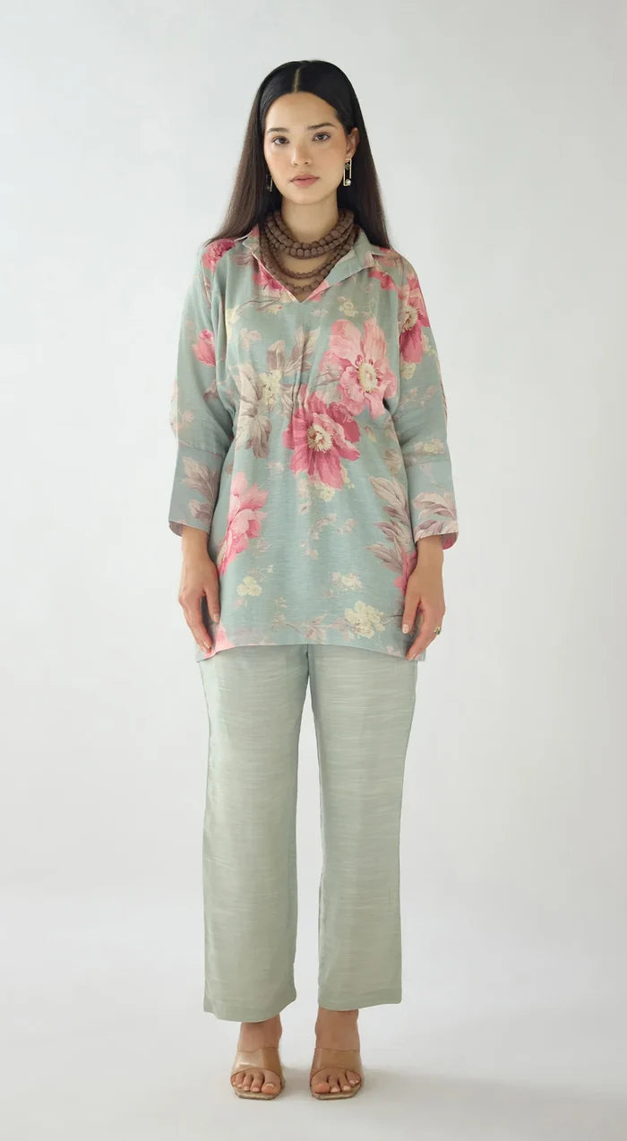 Green Dust Light Petals Linen Blend Co-ord Set