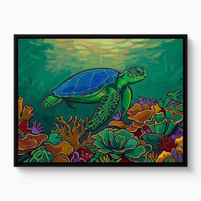 Green Turtle Gliding — green turtle gliding white studio framed black