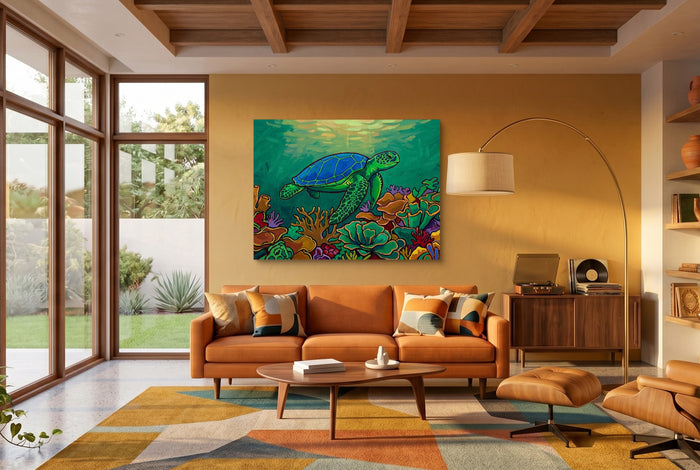 Green Turtle Gliding — green turtle gliding living room interior space 1land flush print