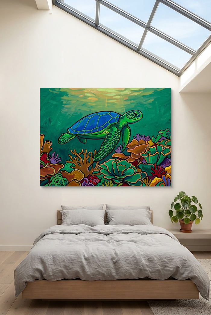 Green Turtle Gliding — green turtle gliding p bedroom with loft 1land flush print