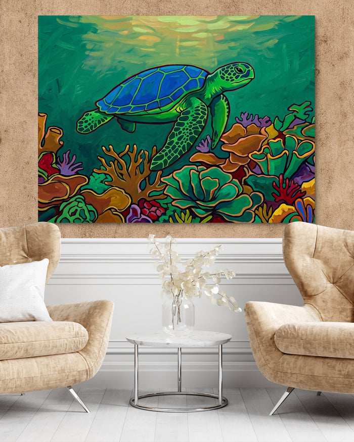 Green Turtle Gliding — green turtle gliding psd clay wall tan chairs 1land flush print