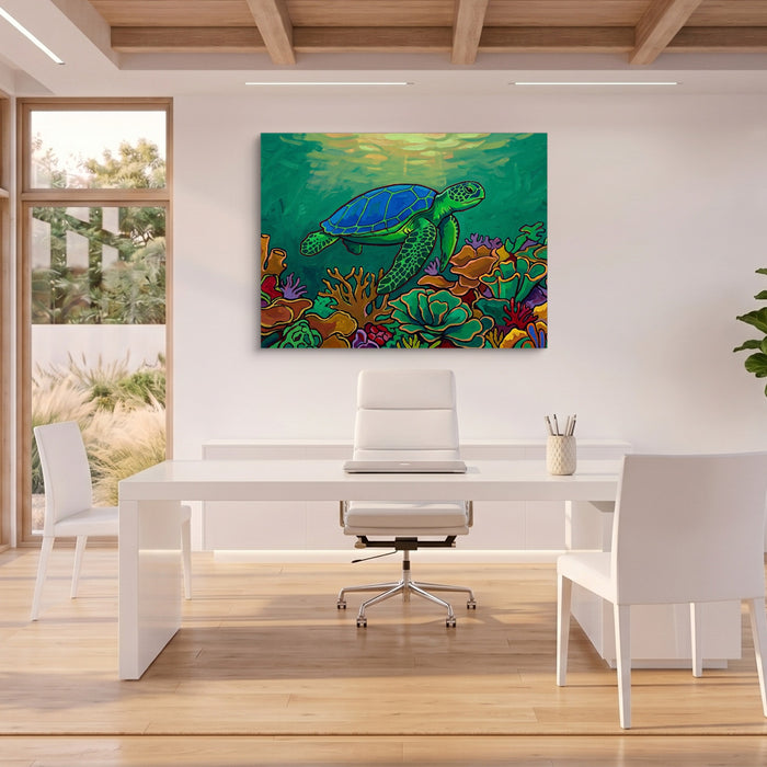 Green Turtle Gliding — green turtle gliding sq beach house office 1land flush print