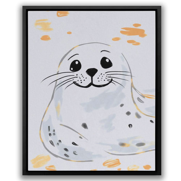 Grey and White Seal - Black and White Wall Art in Black Frame