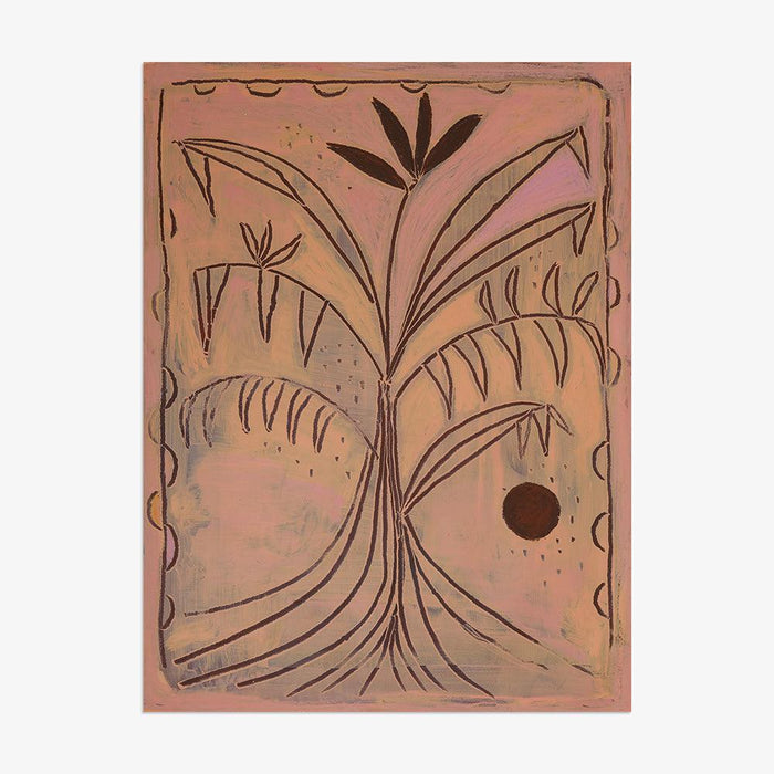 Heatwave 2 print by Hannah Carrick Stylized palm tree in dark brown lines on a pale pink background No frame