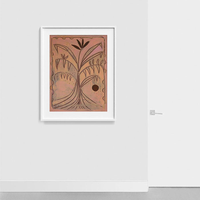Heatwave 2 a print by Hannah Carrick Abstract pink and orange drawing of a tree with a dark sun