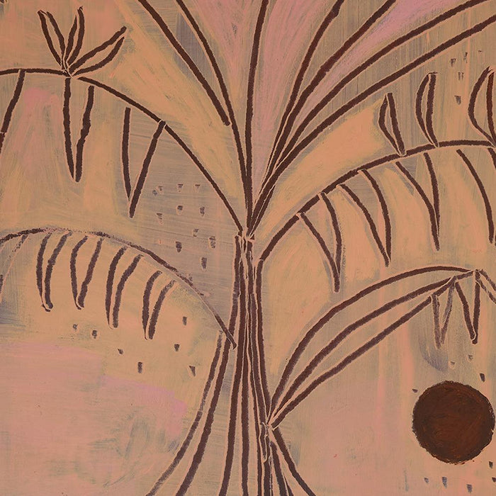 Heatwave 2 a print by Hannah Carrick Close-up of an abstract pink and orange drawing of a tree with a dark sun