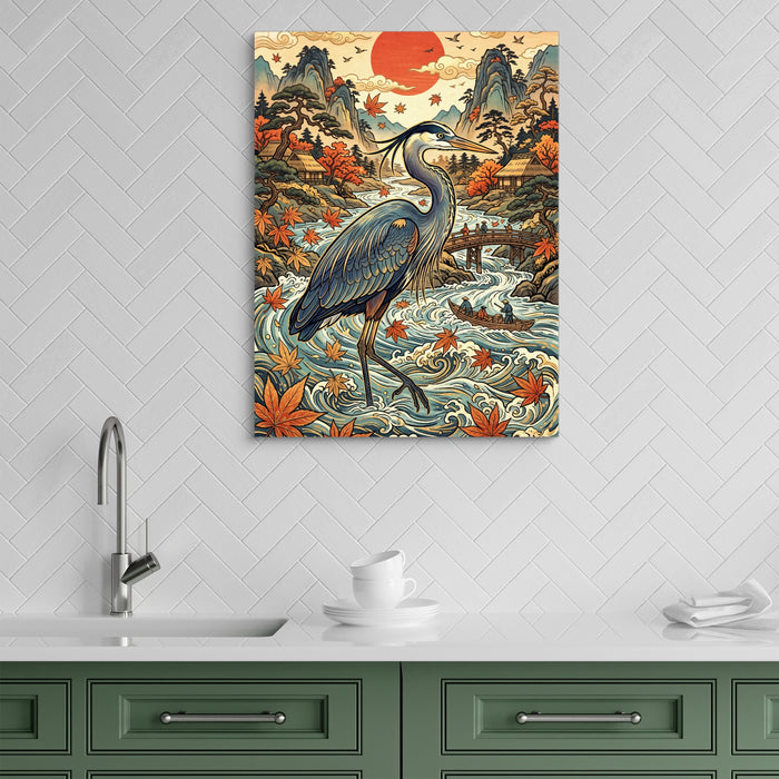 Heron Autumn River — heron autumn river sq green kitchen 1port flush print