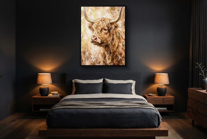 Highland Cow Gilded — highland cow gilded bedroom with dark walls 1port framed black