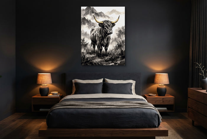 Highland Sumi-e — highland sumi e bedroom with dark walls 1port flush print