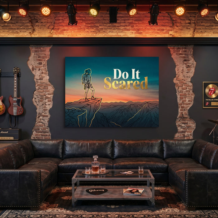 Hiker Mountain Sunset — hiker mountain sunset sq man cave guitar 1land flush print