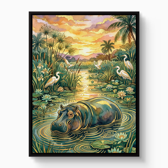 Hippopotamus Golden Sunset — hippopotamus golden sunset white studio framed black