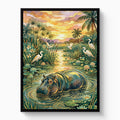 Hippopotamus Golden Sunset — hippopotamus golden sunset white studio framed black