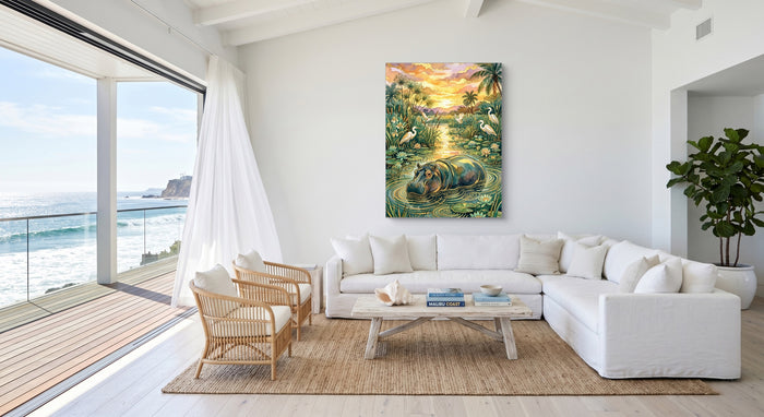 Hippopotamus Golden Sunset — hippopotamus golden sunset beachside villa 1port flush print