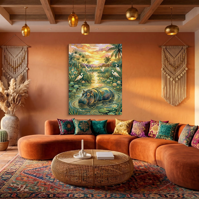Hippopotamus Golden Sunset — hippopotamus golden sunset sq boho living 1port flush print