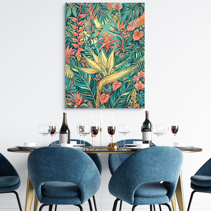 Hummingbird Golden Tropics — hummingbird golden tropics sq dining room tables 1port flush print