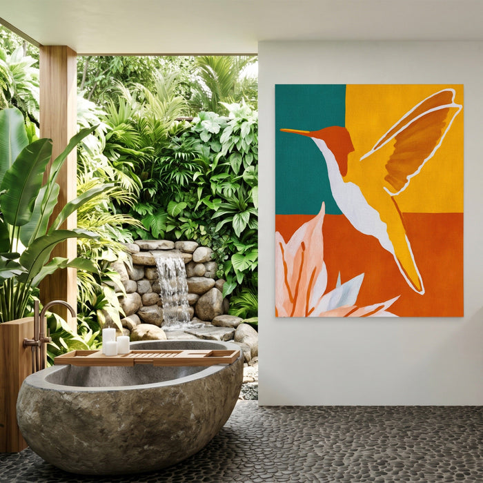 Hummingbird Ochre Hover canvas wall art, room view
