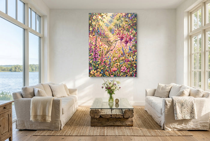 Hummingbird Sunlit Garden — hummingbird sunlit garden living room with couches 1port flush print