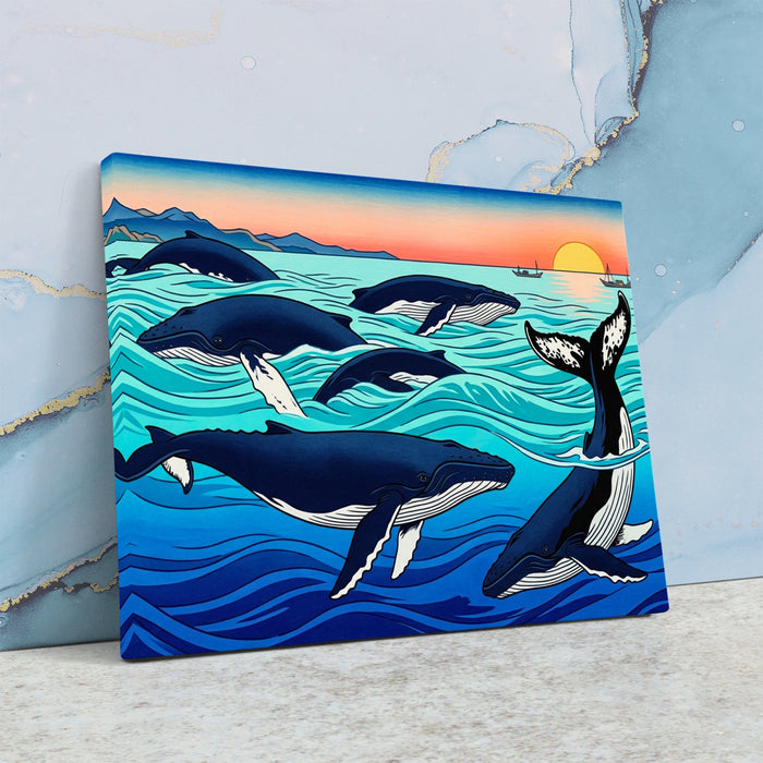 Humpback Whales Sunset canvas wall art, room view