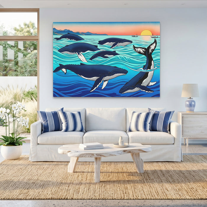 Humpback Whales Sunset canvas wall art, room view