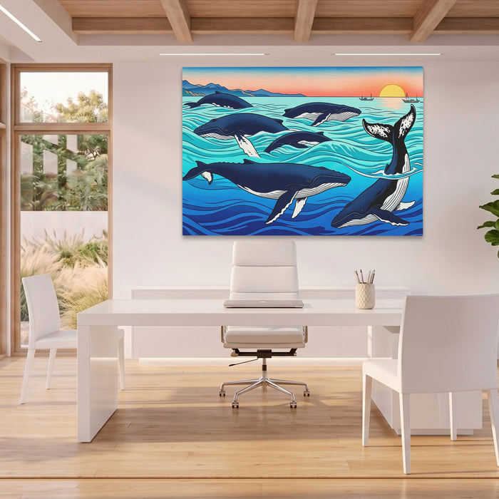 Humpback Whales Sunset canvas wall art, room view