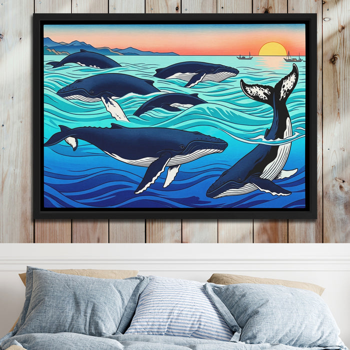 Humpback Whales Sunset canvas wall art, room view