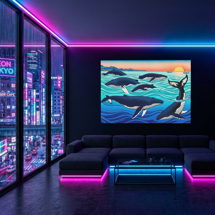Humpback Whales Sunset canvas wall art, room view