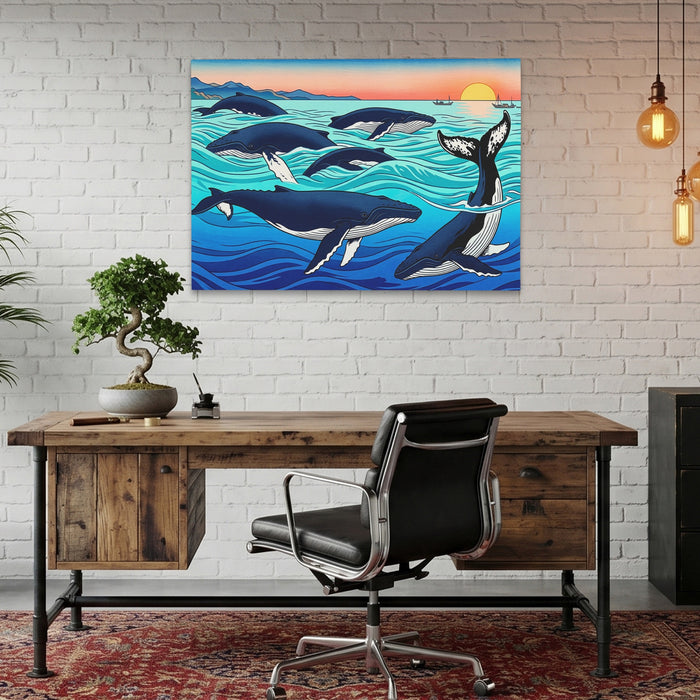 Humpback Whales Sunset canvas wall art, room view