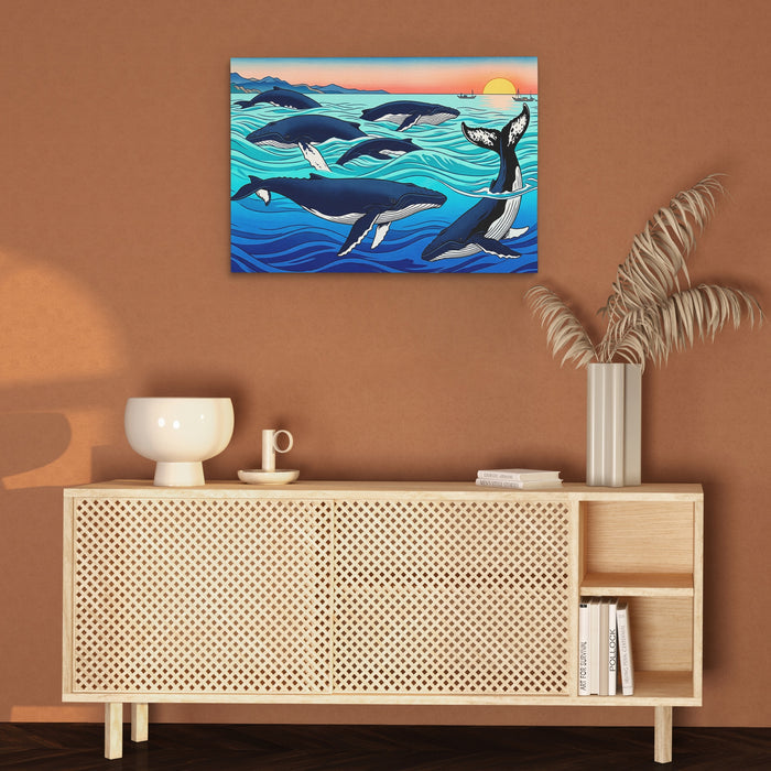 Humpback Whales Sunset canvas wall art, room view