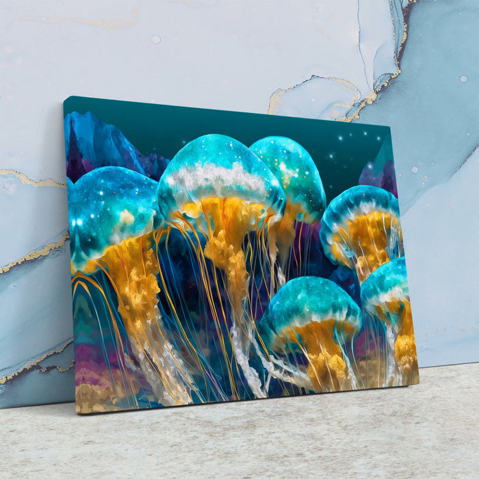 Jellyfish Bioluminescent Swarm canvas wall art, room view