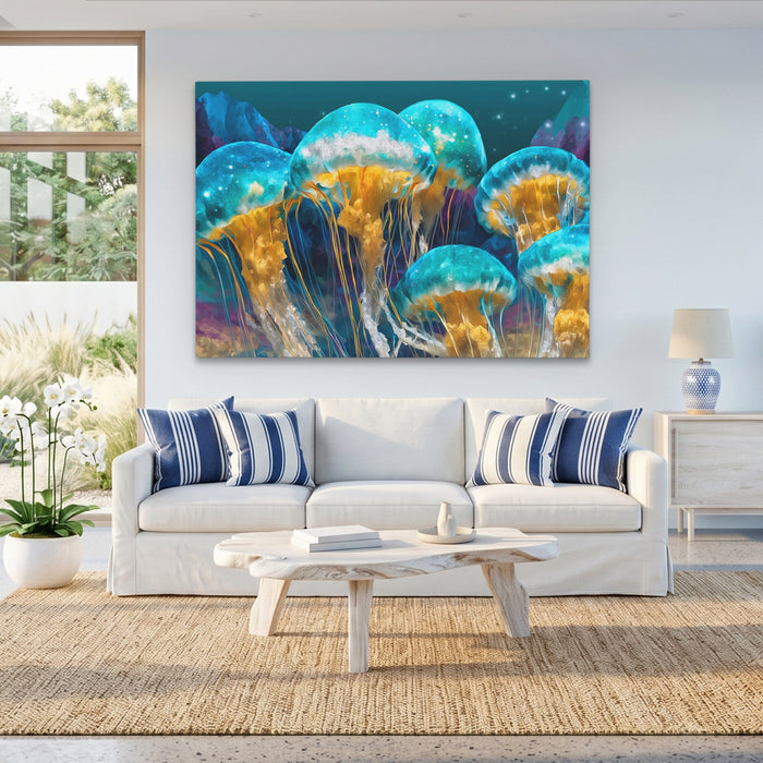 Jellyfish Bioluminescent Swarm canvas wall art, room view