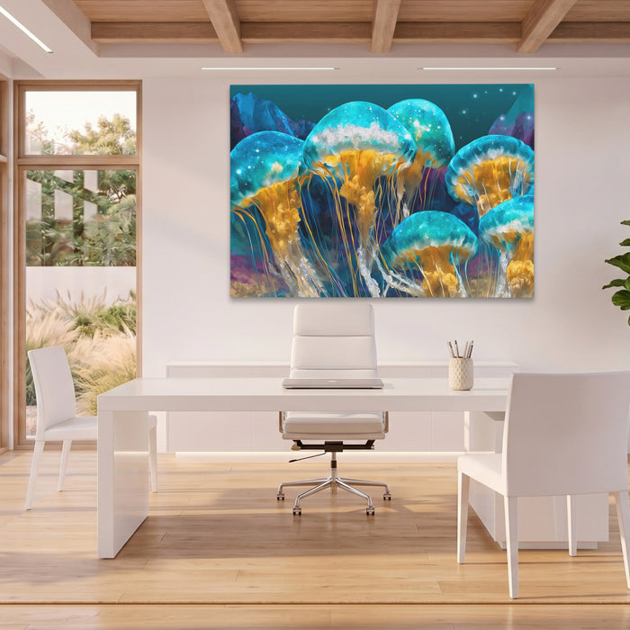 Jellyfish Bioluminescent Swarm canvas wall art, room view
