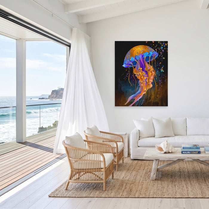 Jellyfish Cerulean Luminescence canvas wall art, room view