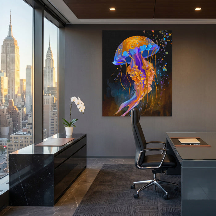Jellyfish Cerulean Luminescence canvas wall art, room view