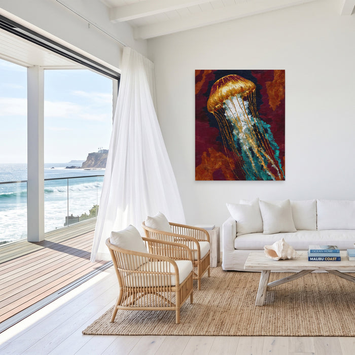 Jellyfish Golden Drift canvas wall art, room view