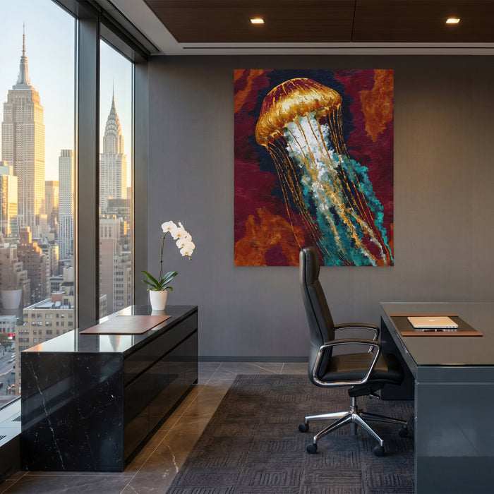 Jellyfish Golden Drift canvas wall art, room view