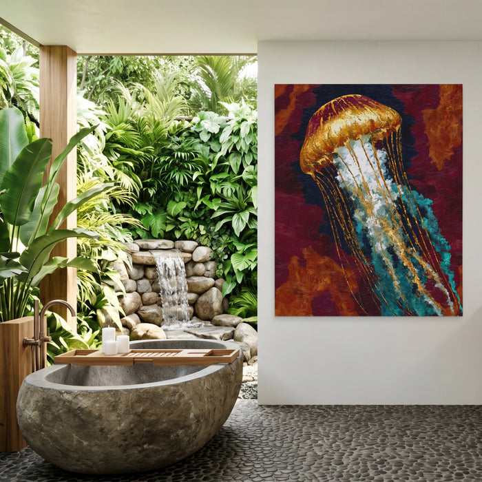 Jellyfish Golden Drift canvas wall art, room view