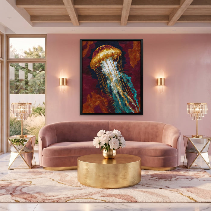 Jellyfish Golden Drift canvas wall art, room view