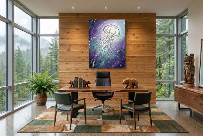 Jellyfish Golden Shimmer — jellyfish golden shimmer office with wooden desk 1port flush print