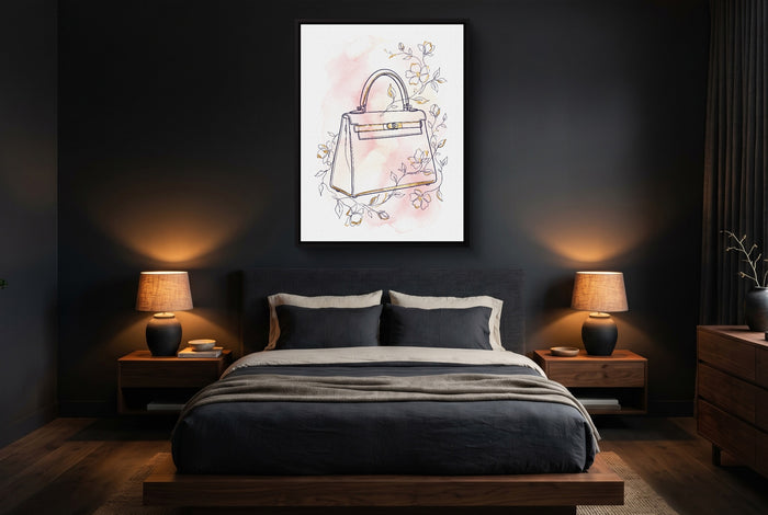 Kelly Bag Blush Floral — kelly bag blush floral bedroom with dark walls 1port framed black