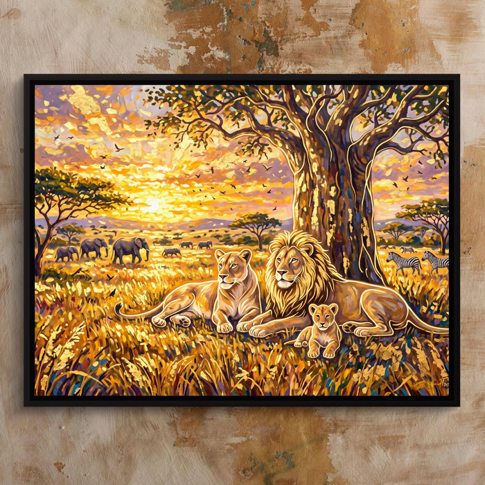 Lion Family Sunset — lion family sunset sq bed 1 clay beige 1land framed black