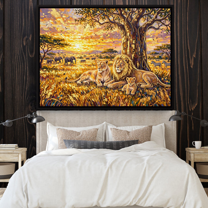 Lion Family Sunset — lion family sunset sq bedroom with wood walls 1land framed black