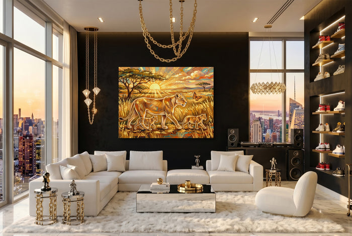Lions Golden Sunrise — lions golden sunrise modern living room interior 2 1land flush print